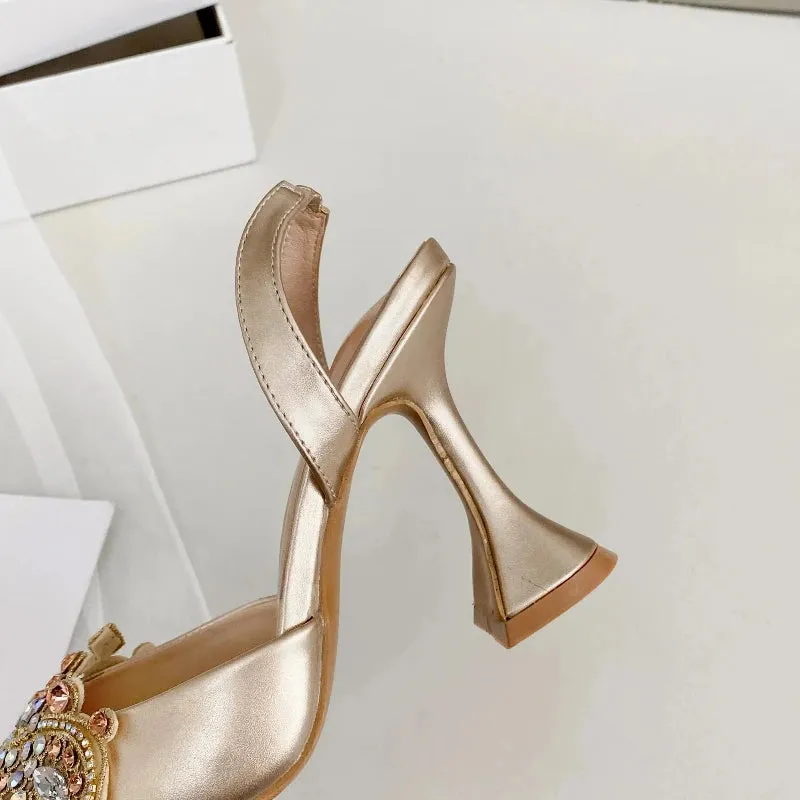 Pointed Rhinestone Wine Glass Heel Sandals