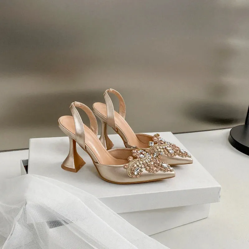 Pointed Rhinestone Wine Glass Heel Sandals