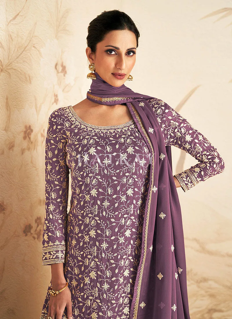 Purple Designer Embroidery Gharara Suit