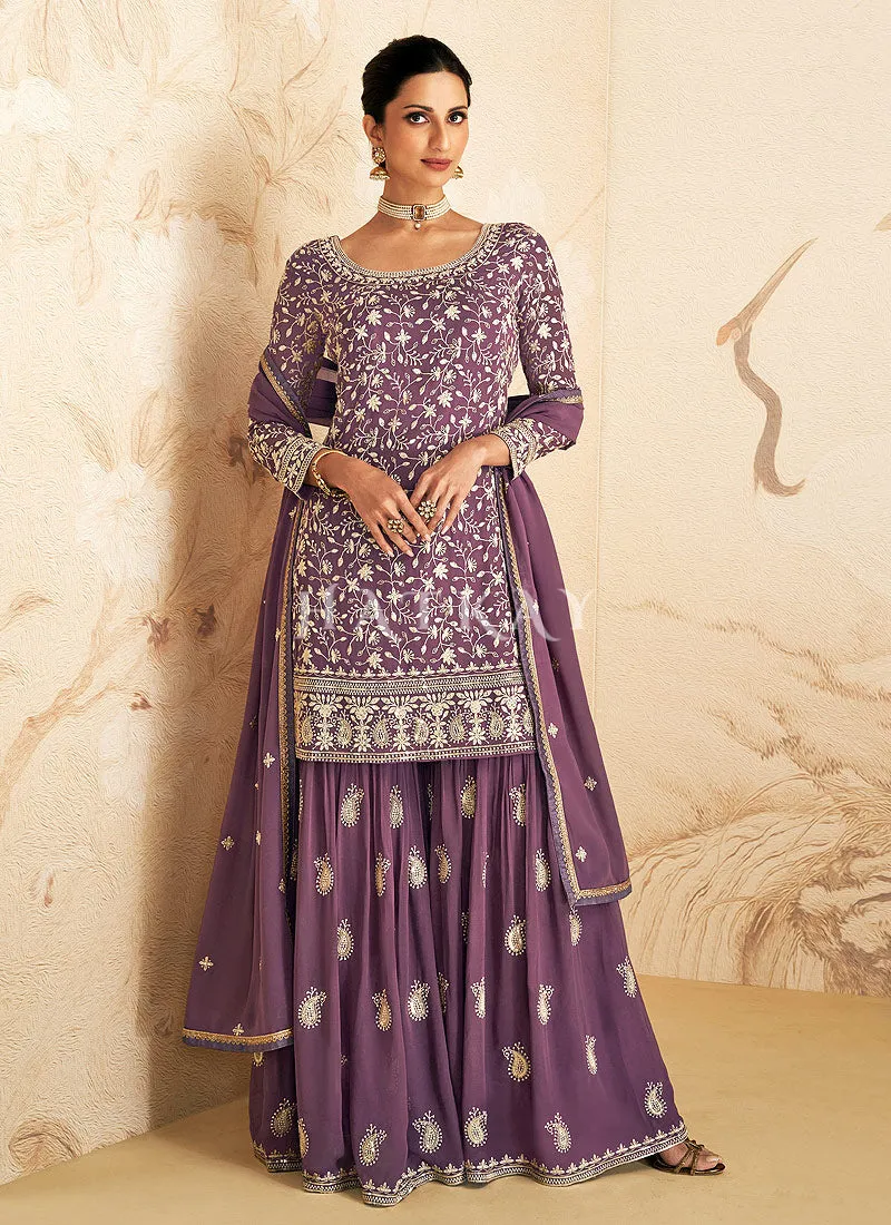 Purple Designer Embroidery Gharara Suit