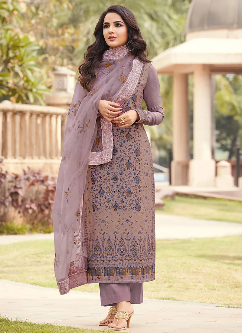 Purple Golden Embroidery Pakistani Pant Style Suit