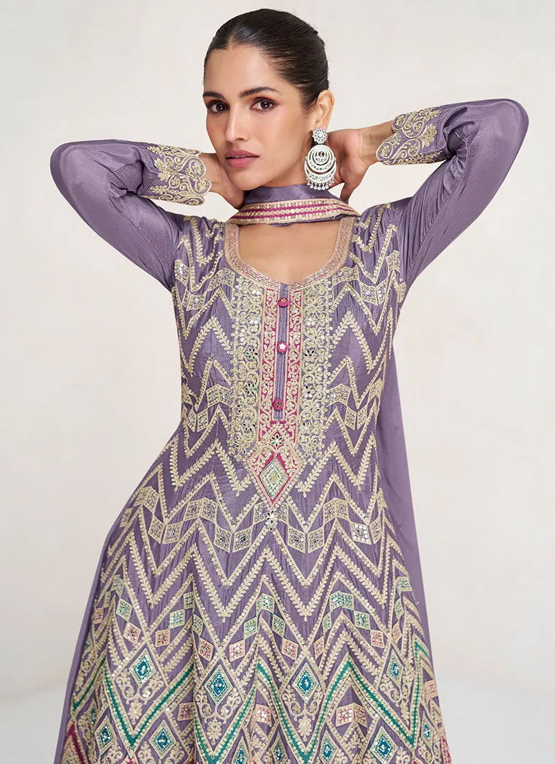 Purple Multi Embroidery Anarkali Palazzo Suit