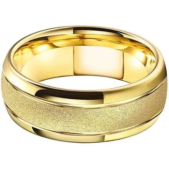 Raton Beveled Yellow Gold Inlaid Tungsten Ring Domed Sandblasted Finish - 8mm