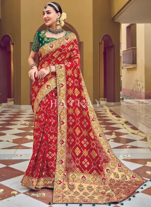 Red And Green Multi Embroidery Traditional Wedding Saree