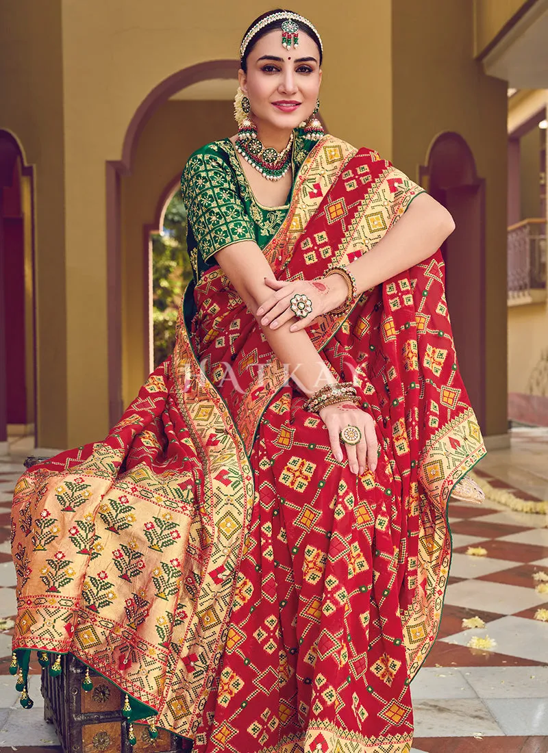 Red And Green Multi Embroidery Traditional Wedding Saree