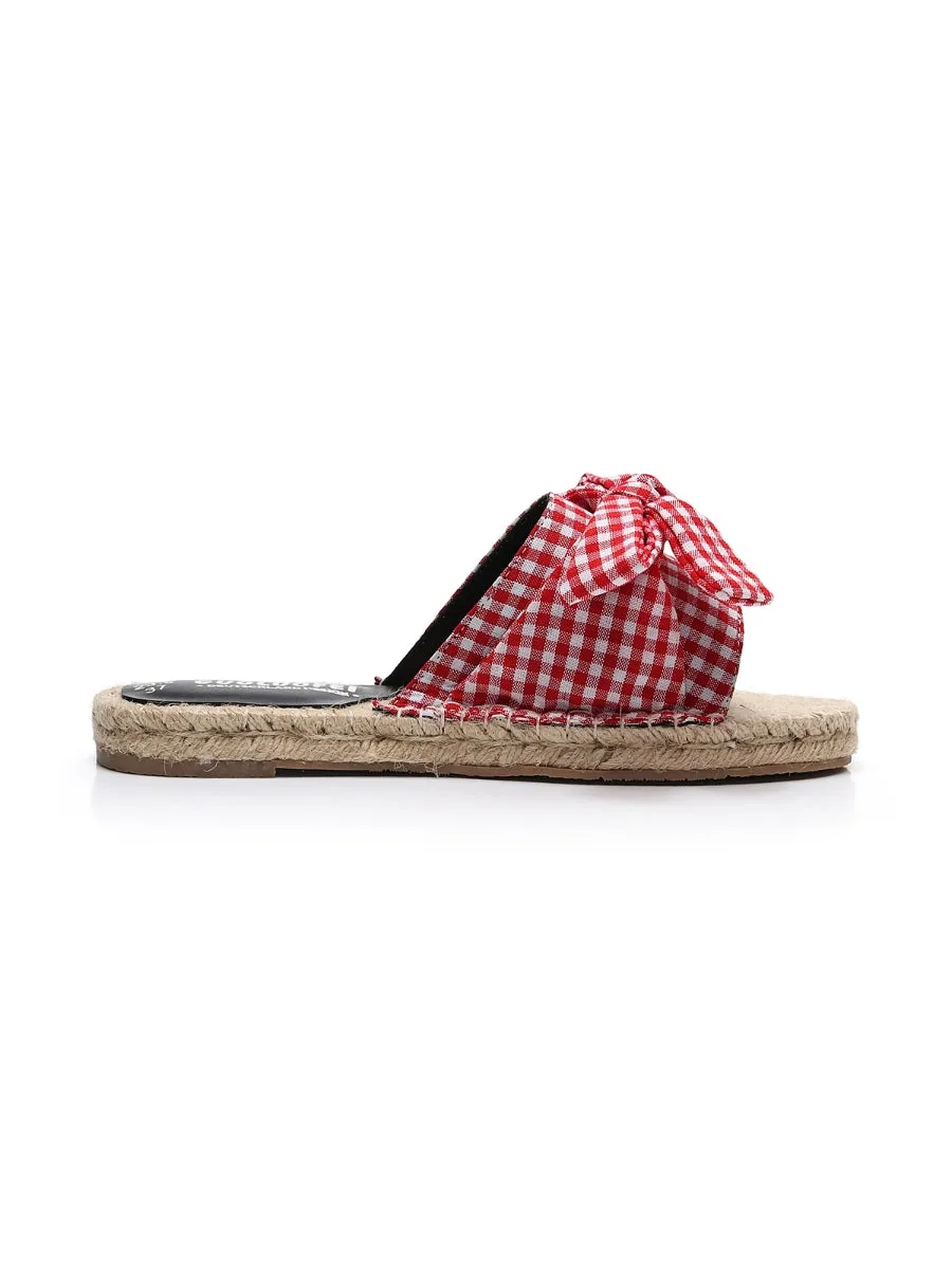Red Gingham Bow Straw Mat Slippers
