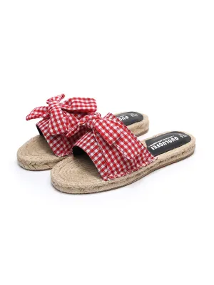 Red Gingham Bow Straw Mat Slippers