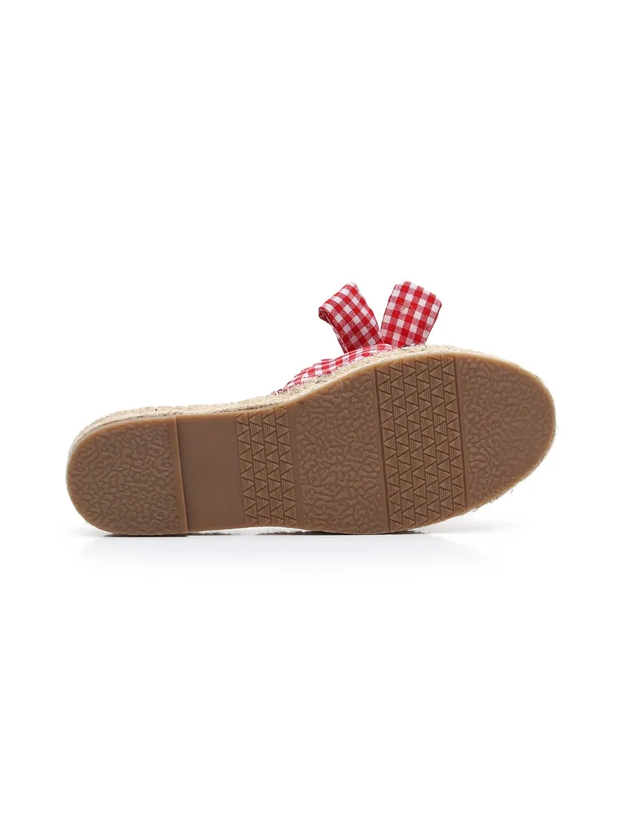 Red Gingham Bow Straw Mat Slippers