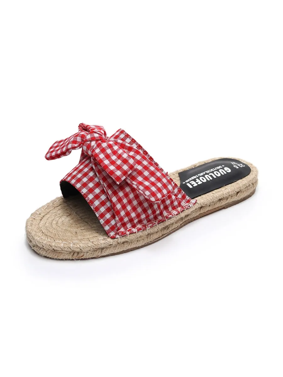 Red Gingham Bow Straw Mat Slippers