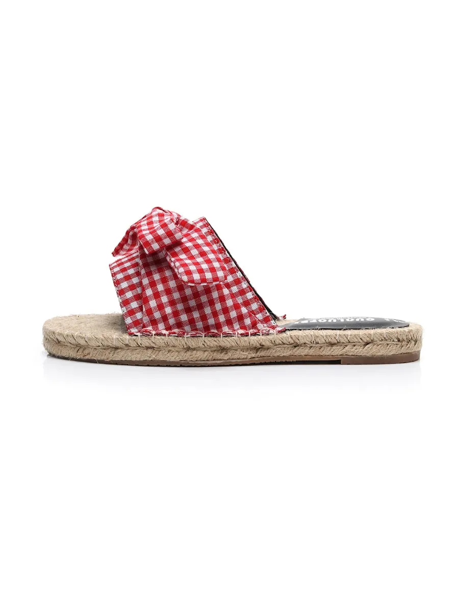 Red Gingham Bow Straw Mat Slippers