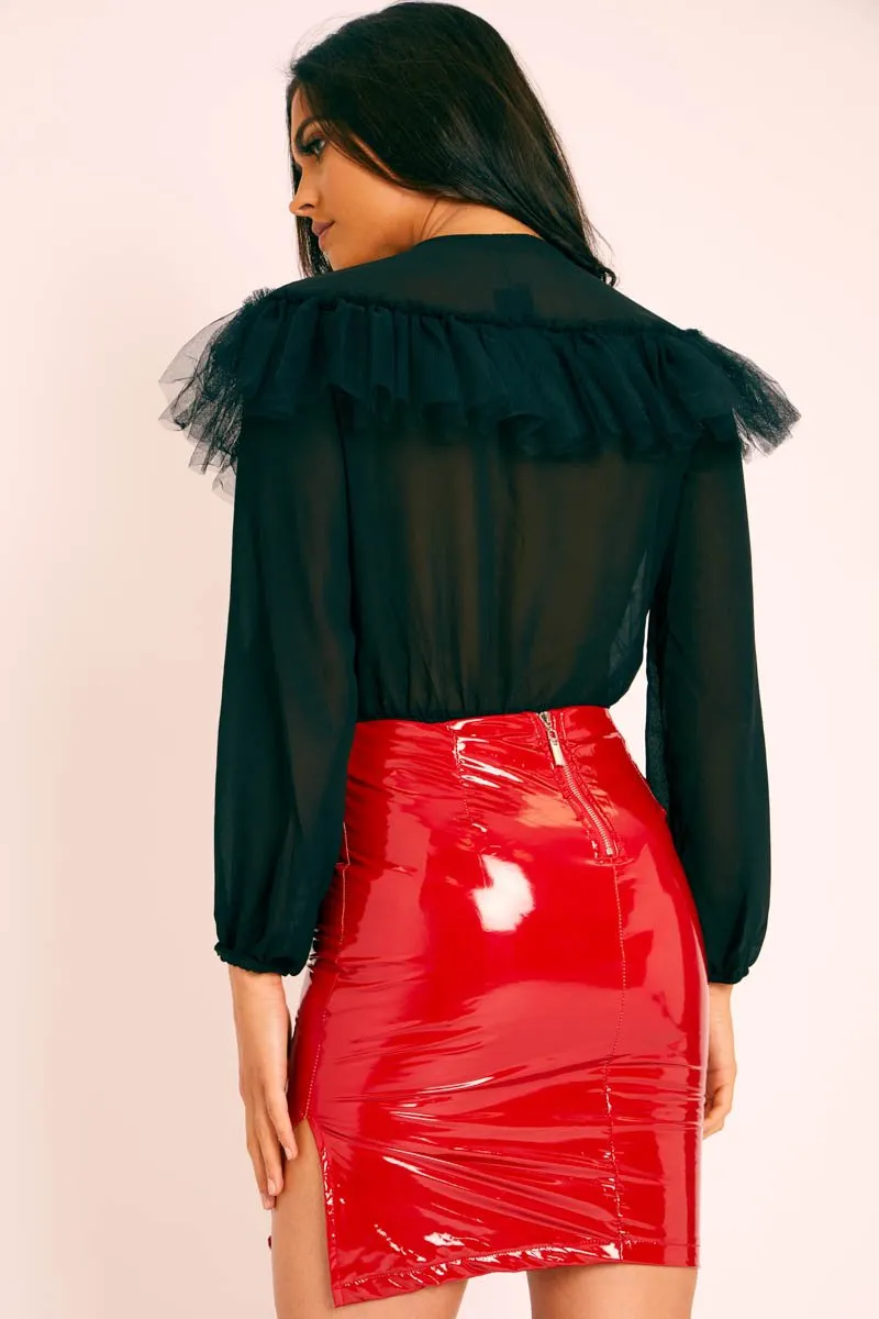 Red Vinyl Split Side Mini Skirt - Keagan