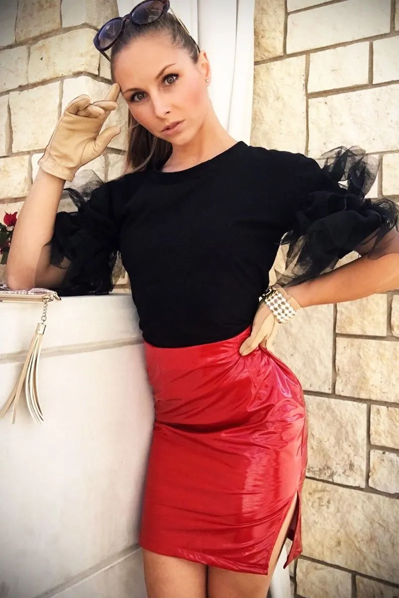 Red Vinyl Split Side Mini Skirt - Keagan