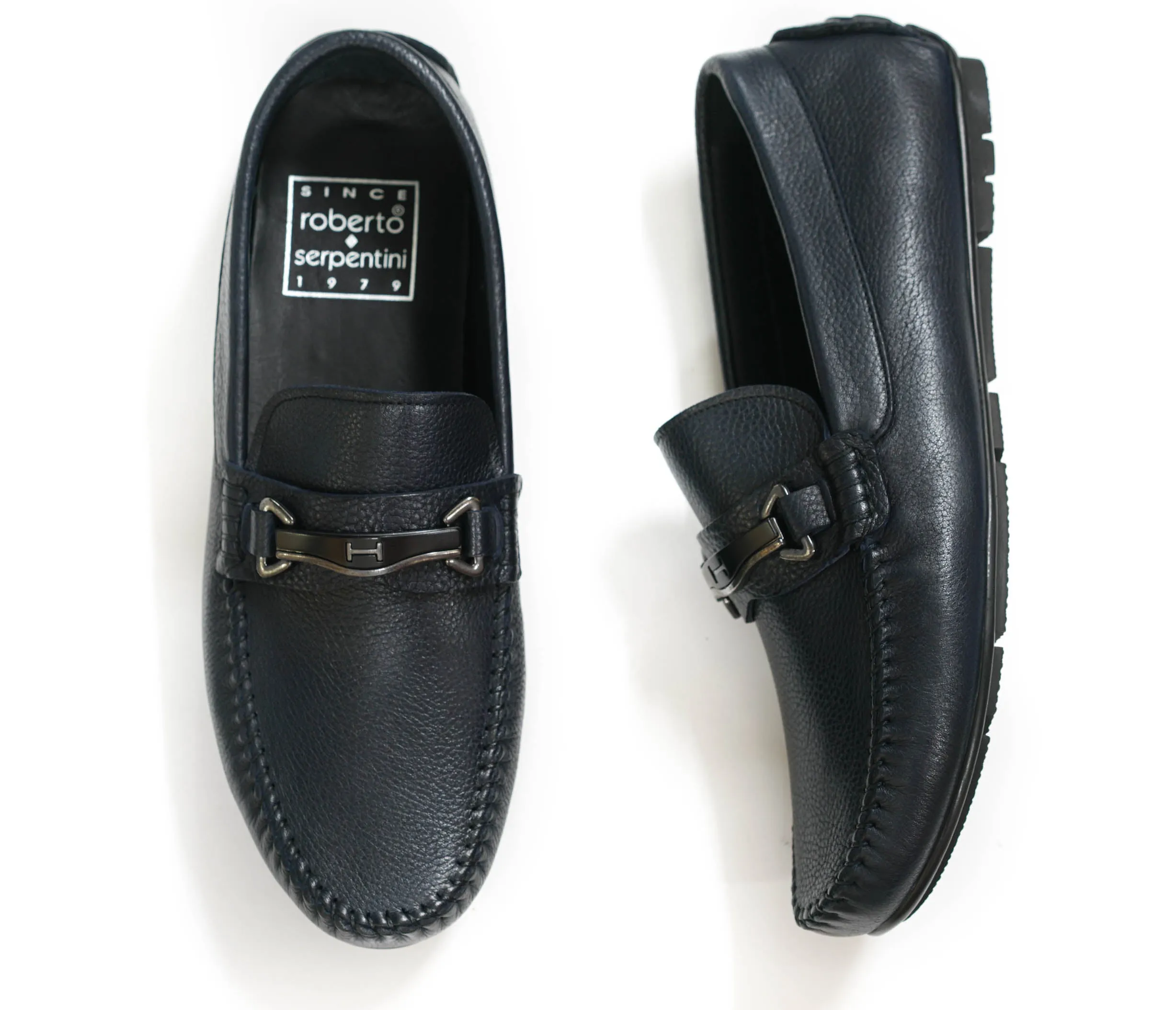 Roberto Serpentini Men's Navy Leather Loafer with Navy Bar Detail M544