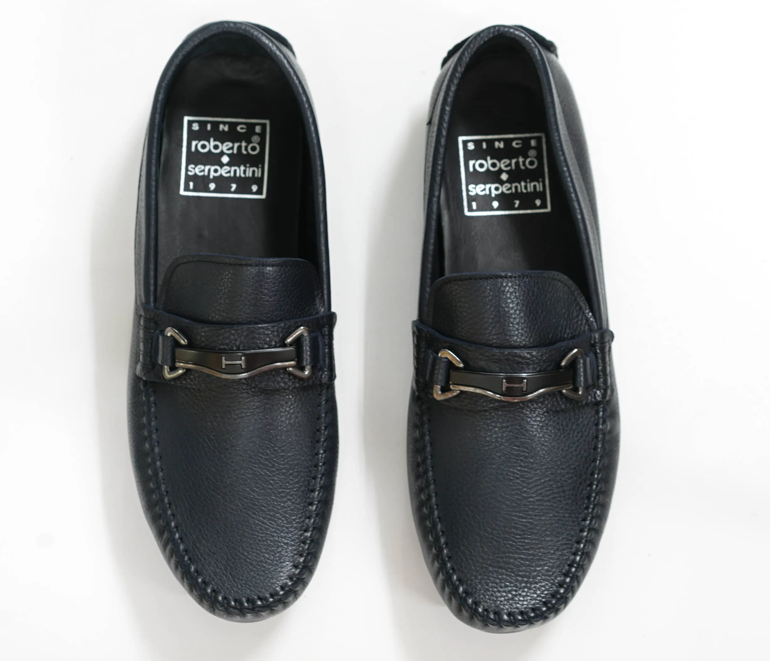 Roberto Serpentini Men's Navy Leather Loafer with Navy Bar Detail M544