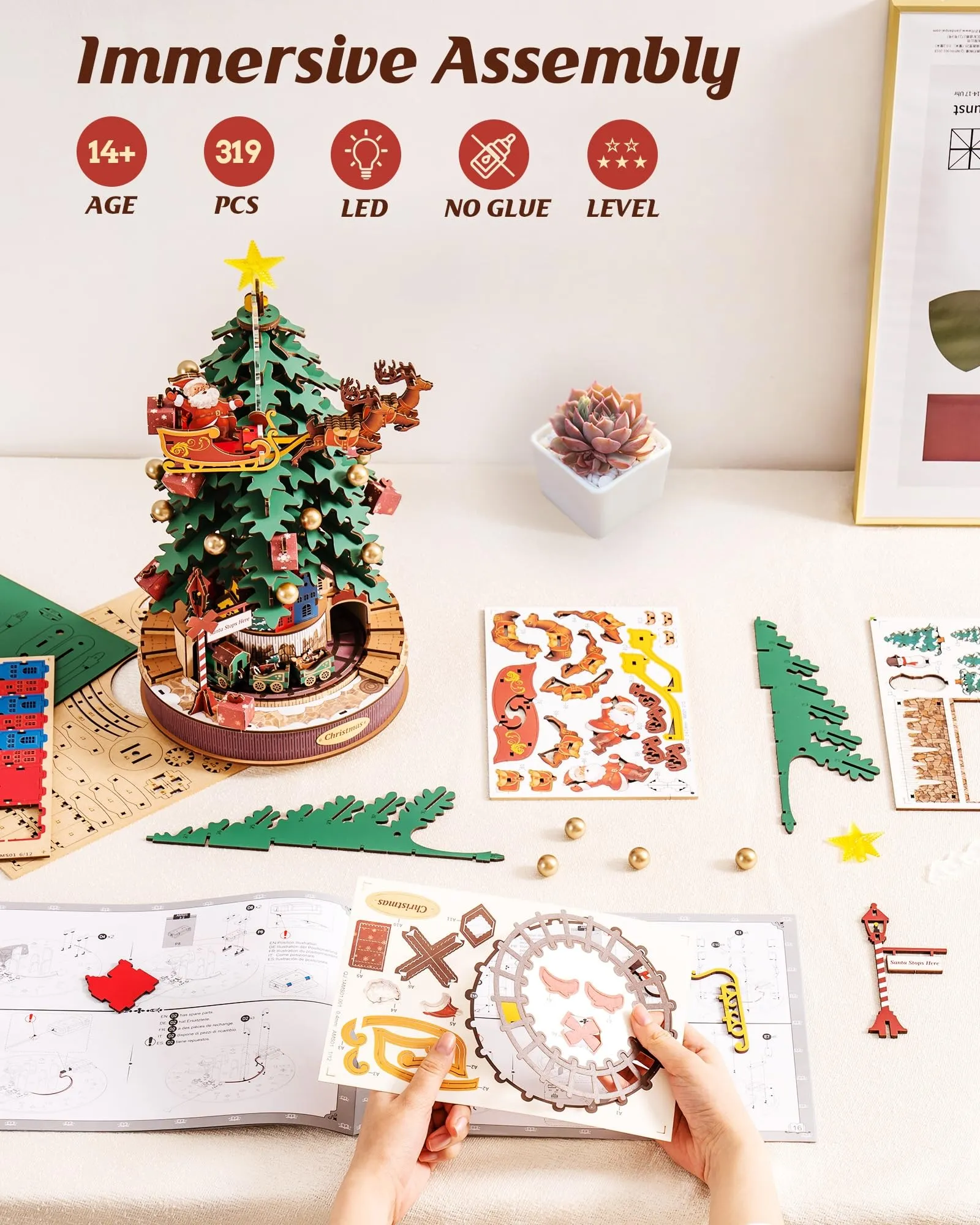 ROBOTIME 3D Puzzles for Adults Wooden Music Box with LED DIY Model Christmas Tree Building Kit for Kids Hobby Crafts Unique Home Decor