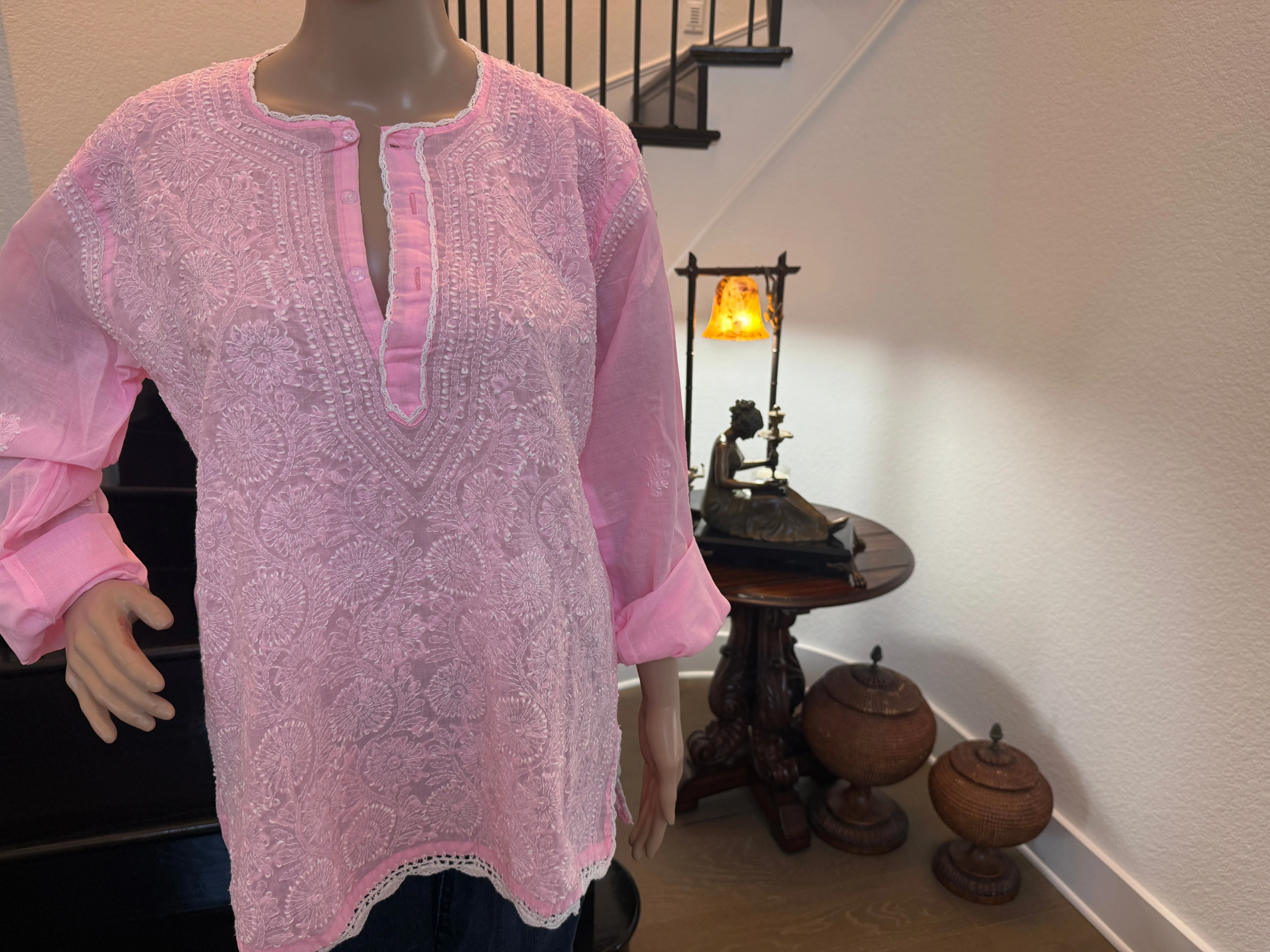 Rosabelle – Light Rose Chikankari Short Sleeve Kurta | A Touch of Soft Radiance 🌸
