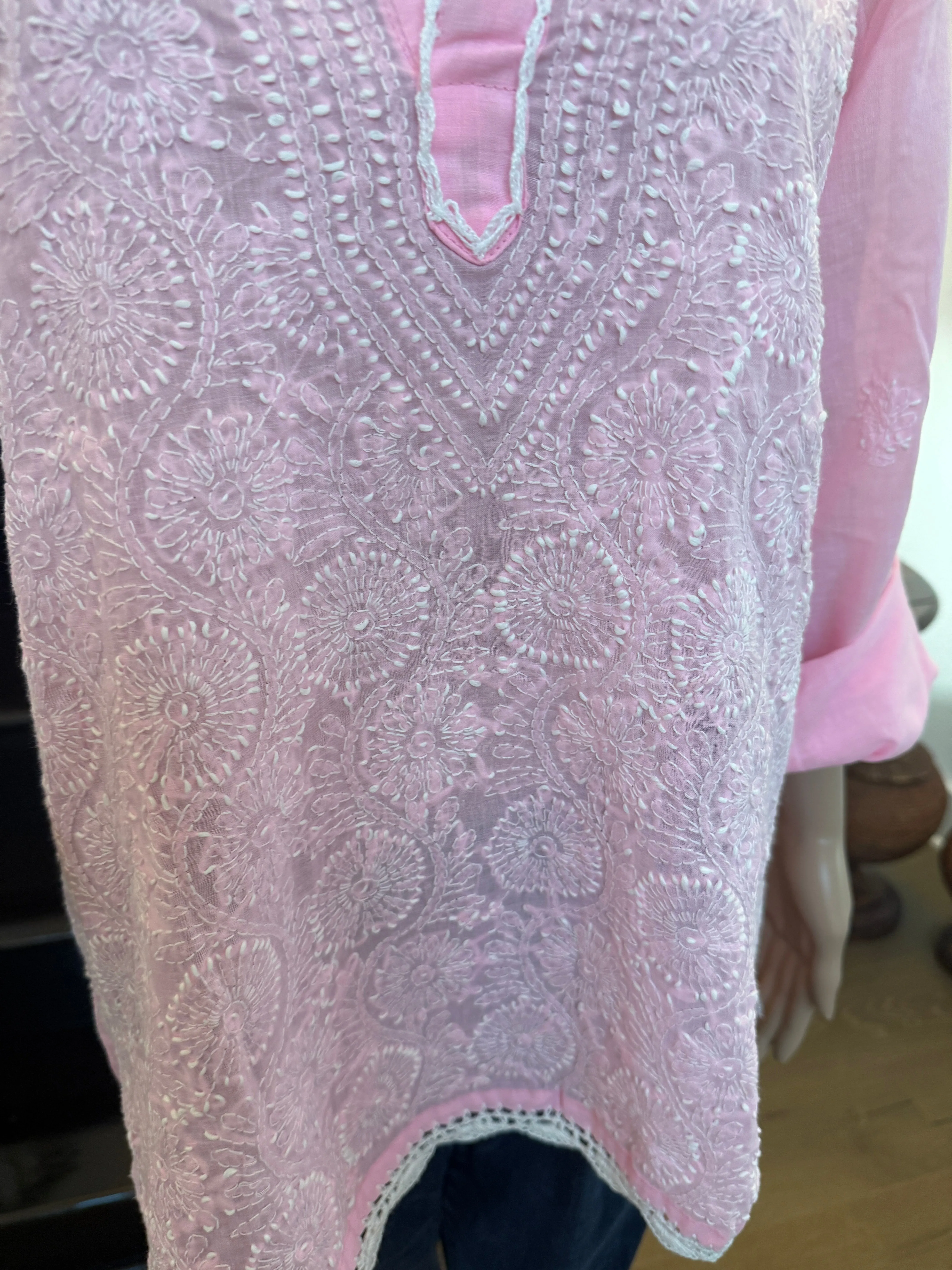 Rosabelle – Light Rose Chikankari Short Sleeve Kurta | A Touch of Soft Radiance 🌸