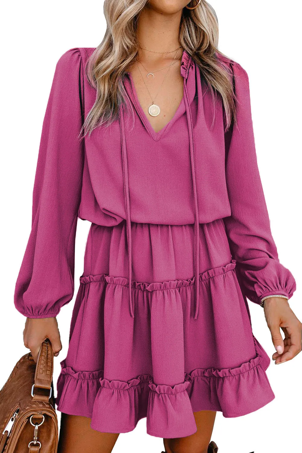 Rose V Neck Long Sleeve Ruffle Tiered Mini Dress