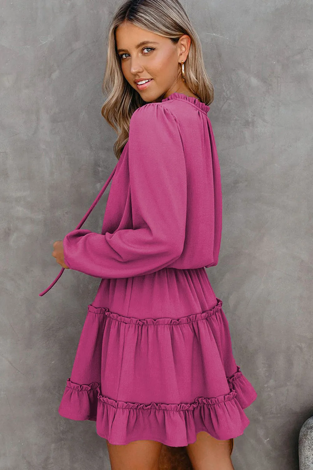 Rose V Neck Long Sleeve Ruffle Tiered Mini Dress
