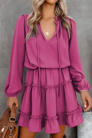 Rose V Neck Long Sleeve Ruffle Tiered Mini Dress