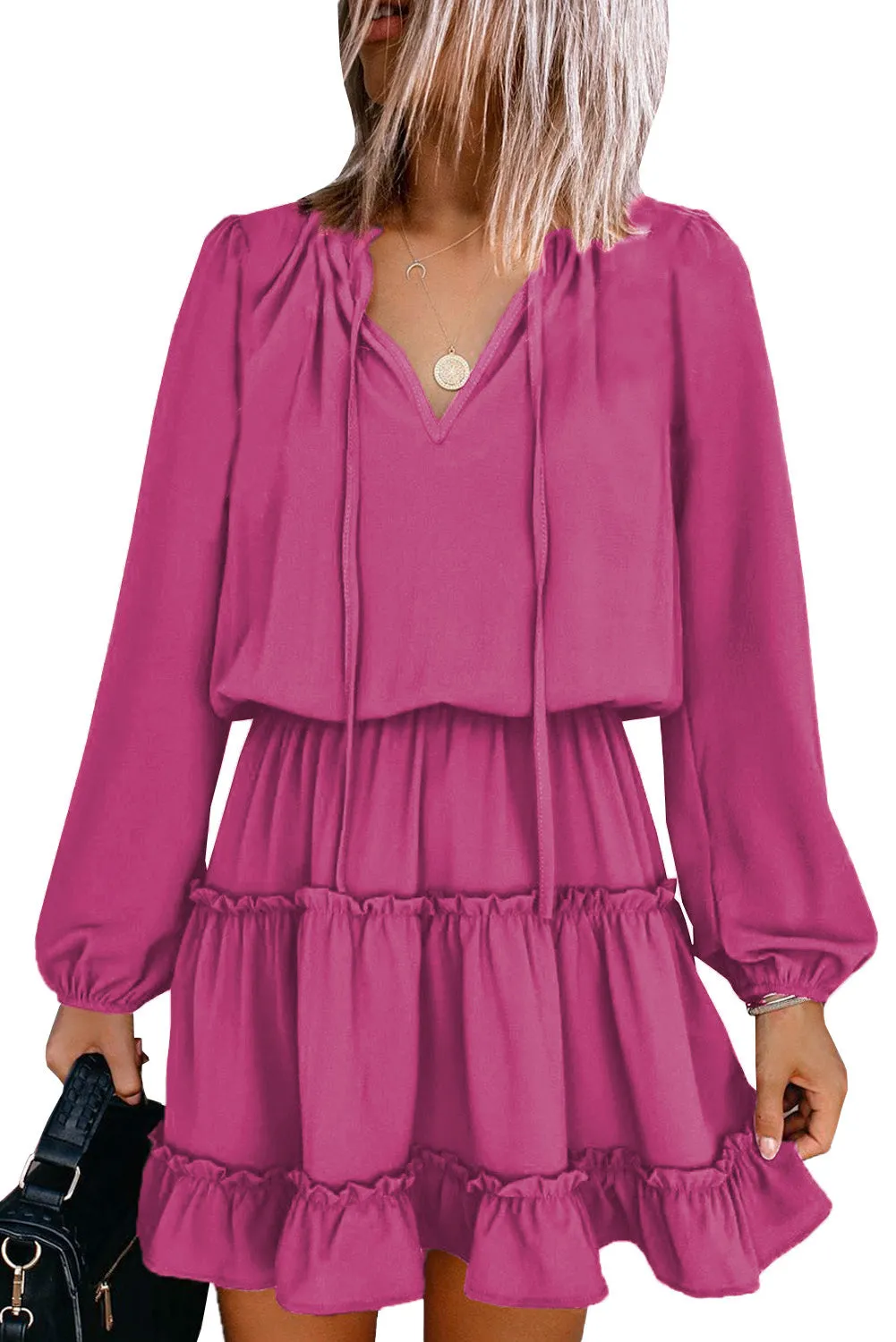 Rose V Neck Long Sleeve Ruffle Tiered Mini Dress