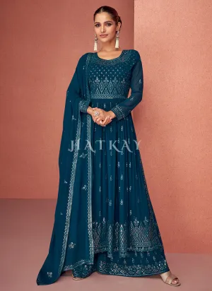 Royal Blue Sequence Embroidery Traditional Palazzo Suit
