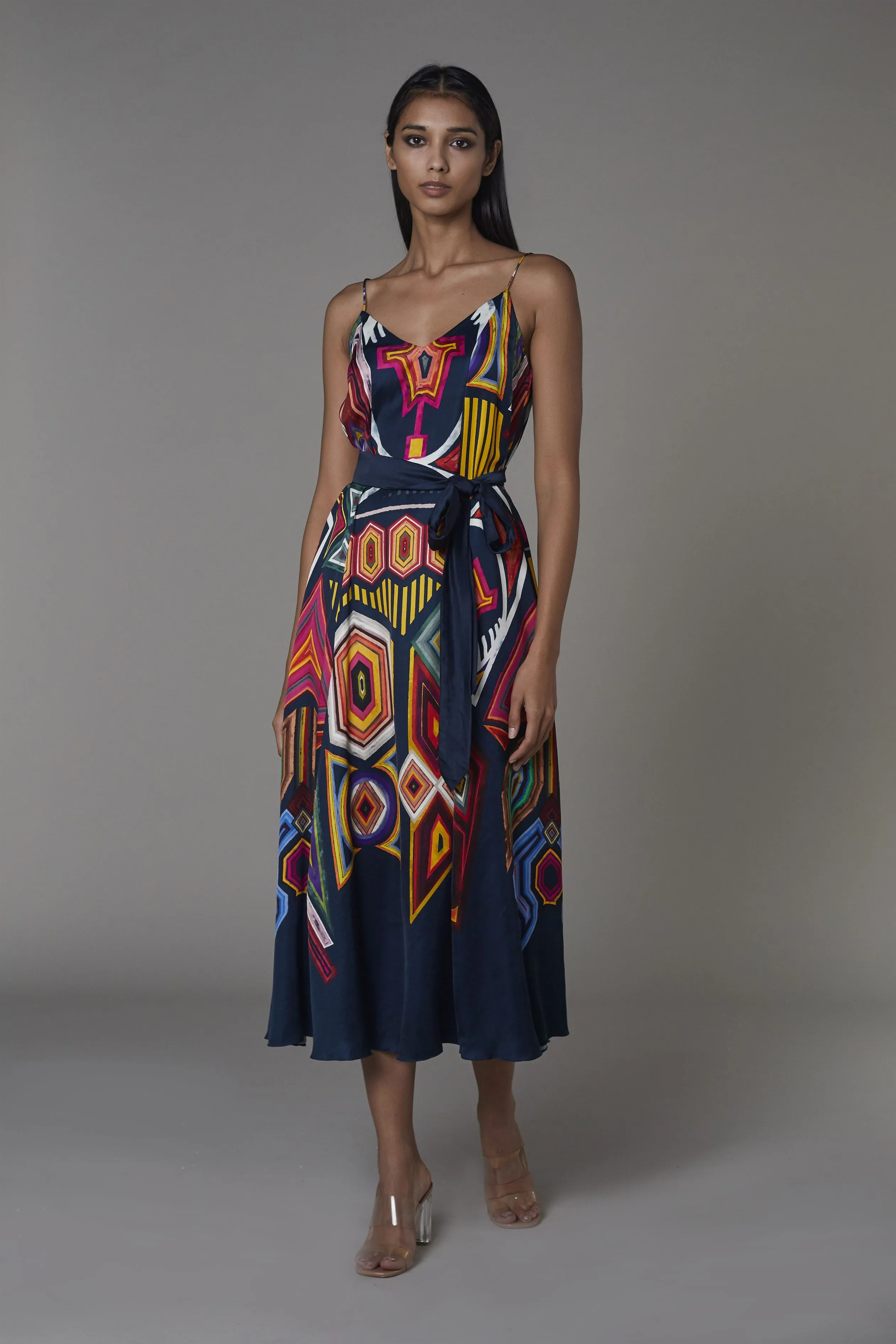 Saaksha & KinniÂ    I   Navy blue mix boota 3 panel v neck midi dress with belt Satin Navy blue / Multi SS22004