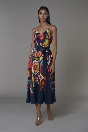 Saaksha & KinniÂ    I   Navy blue mix boota 3 panel v neck midi dress with belt Satin Navy blue / Multi SS22004