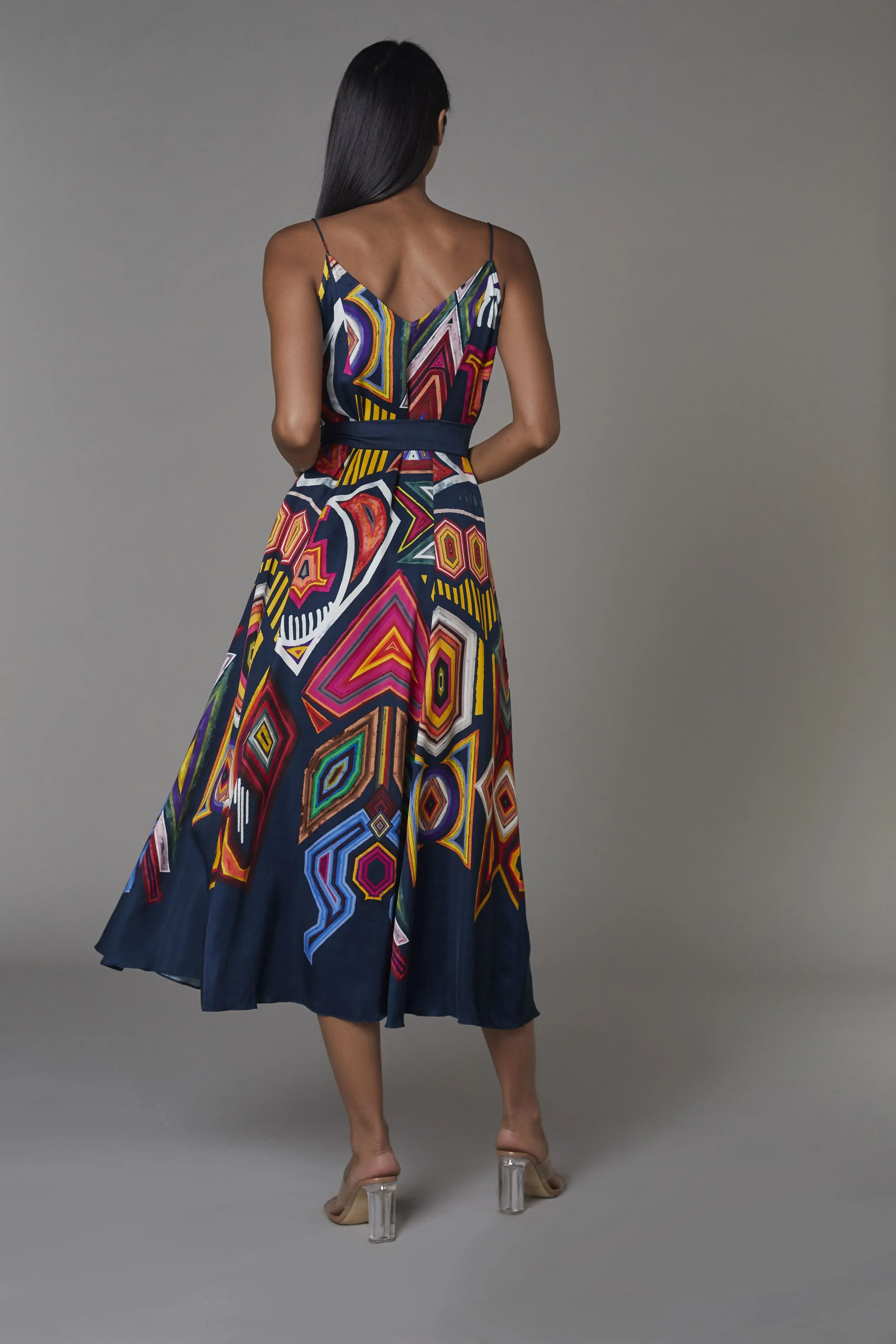 Saaksha & KinniÂ    I   Navy blue mix boota 3 panel v neck midi dress with belt Satin Navy blue / Multi SS22004
