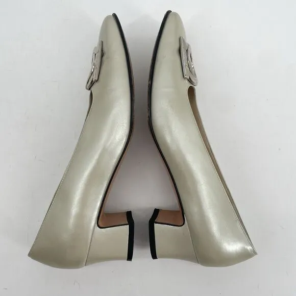 Salvatore Ferragamo Size 6.5 Porcellana Pumps Large Silver Buckle Block Heels