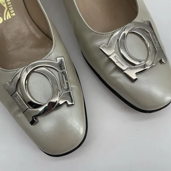 Salvatore Ferragamo Size 6.5 Porcellana Pumps Large Silver Buckle Block Heels