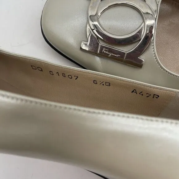 Salvatore Ferragamo Size 6.5 Porcellana Pumps Large Silver Buckle Block Heels