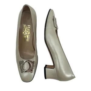 Salvatore Ferragamo Size 6.5 Porcellana Pumps Large Silver Buckle Block Heels
