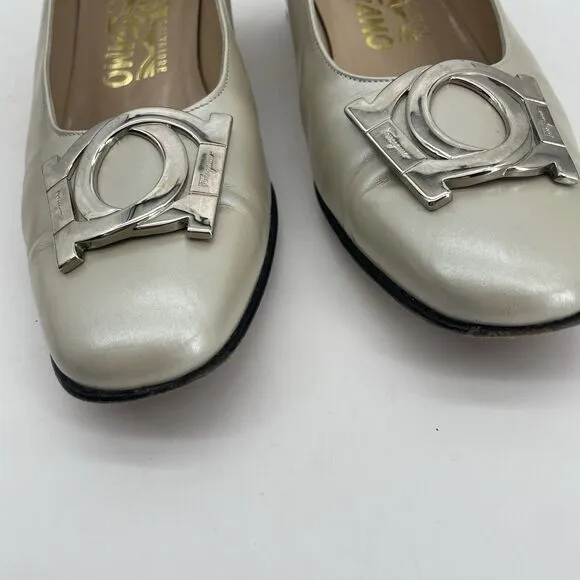 Salvatore Ferragamo Size 6.5 Porcellana Pumps Large Silver Buckle Block Heels