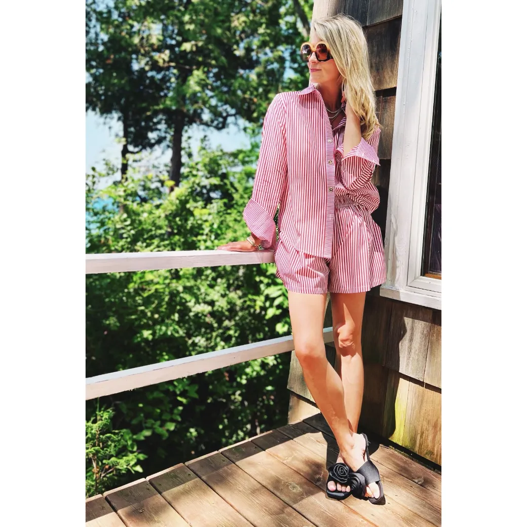 SAMPLE - Mel Mixed Button Down Shirt - Red Stripe