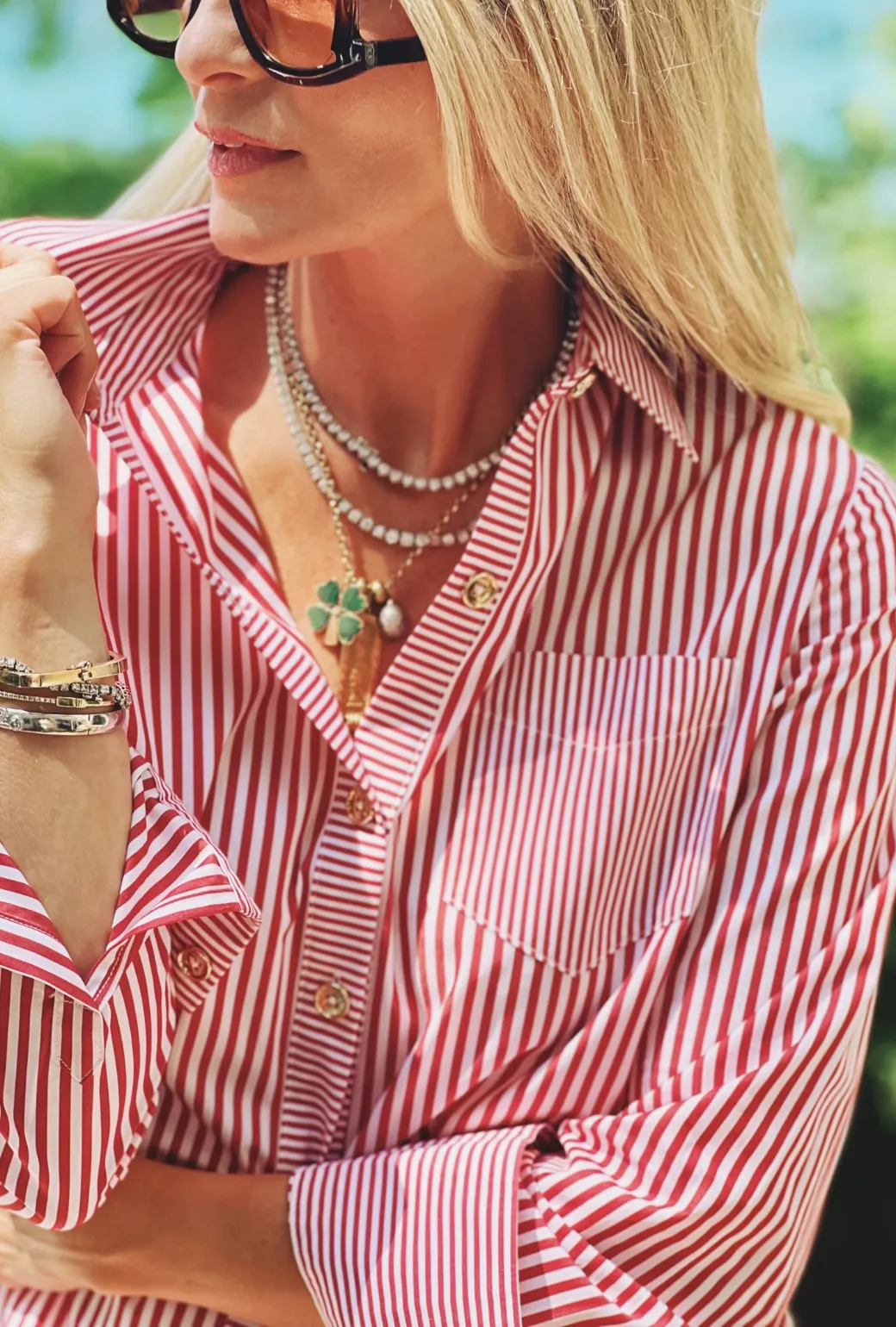 SAMPLE - Mel Mixed Button Down Shirt - Red Stripe