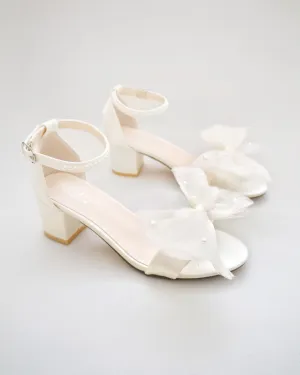 Satin Block Heel Sandal with Front Oversized Tulle Bow and Scattered Pearls