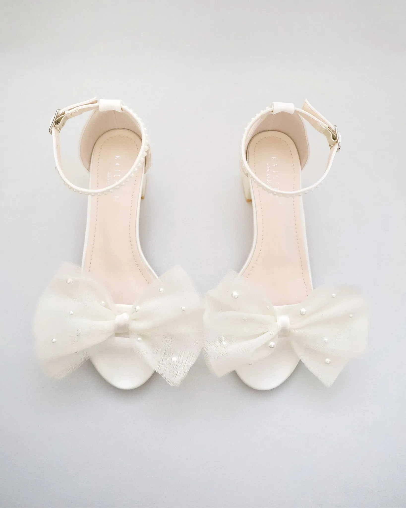 Satin Block Heel Sandal with Front Oversized Tulle Bow and Scattered Pearls