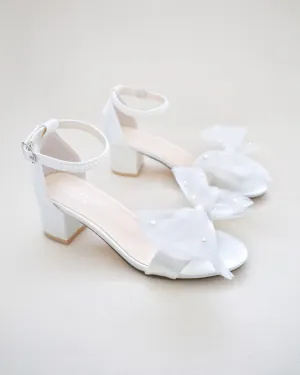 Satin Block Heel Sandal with Front Oversized Tulle Bow and Scattered Pearls