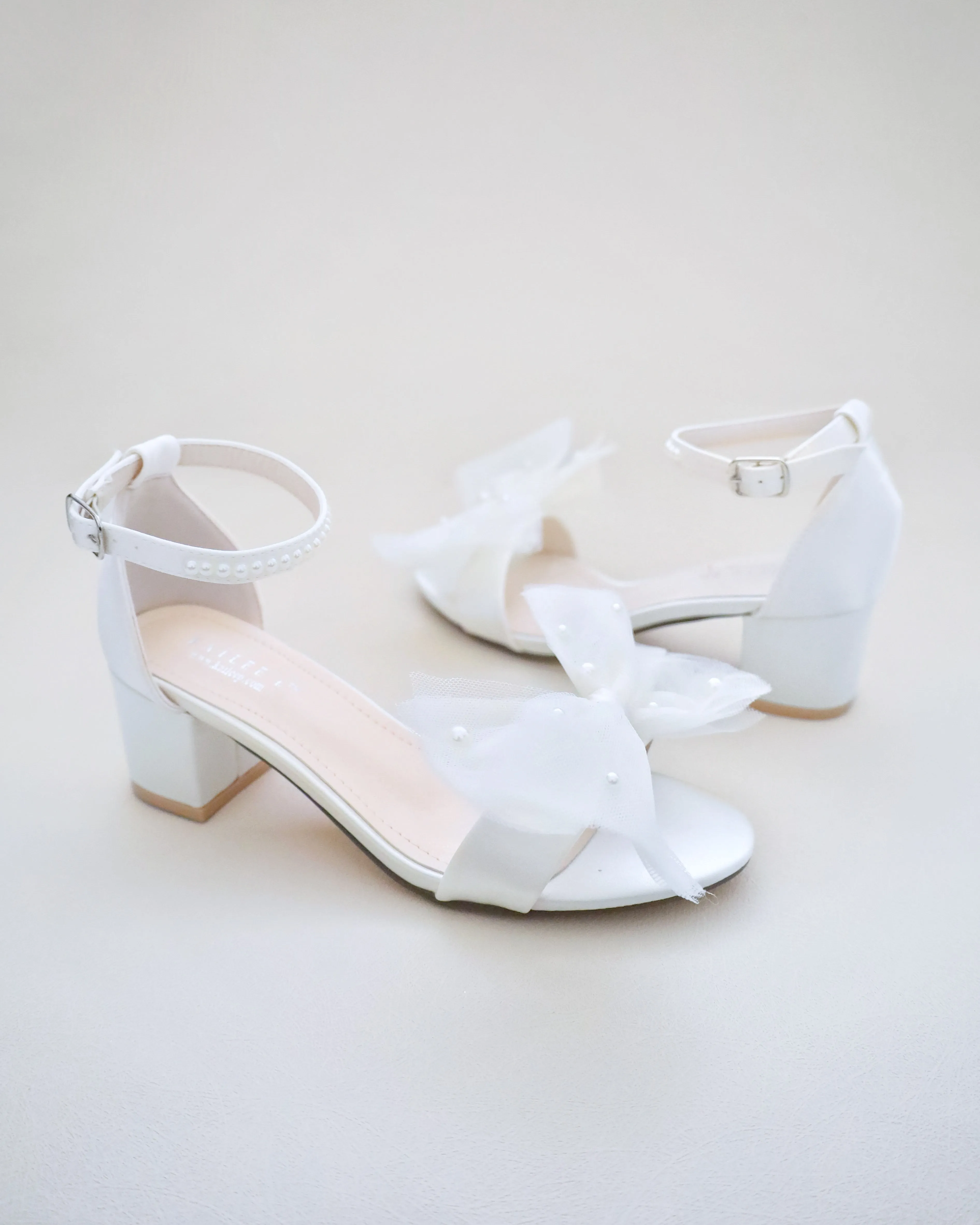 Satin Block Heel Sandal with Front Oversized Tulle Bow and Scattered Pearls