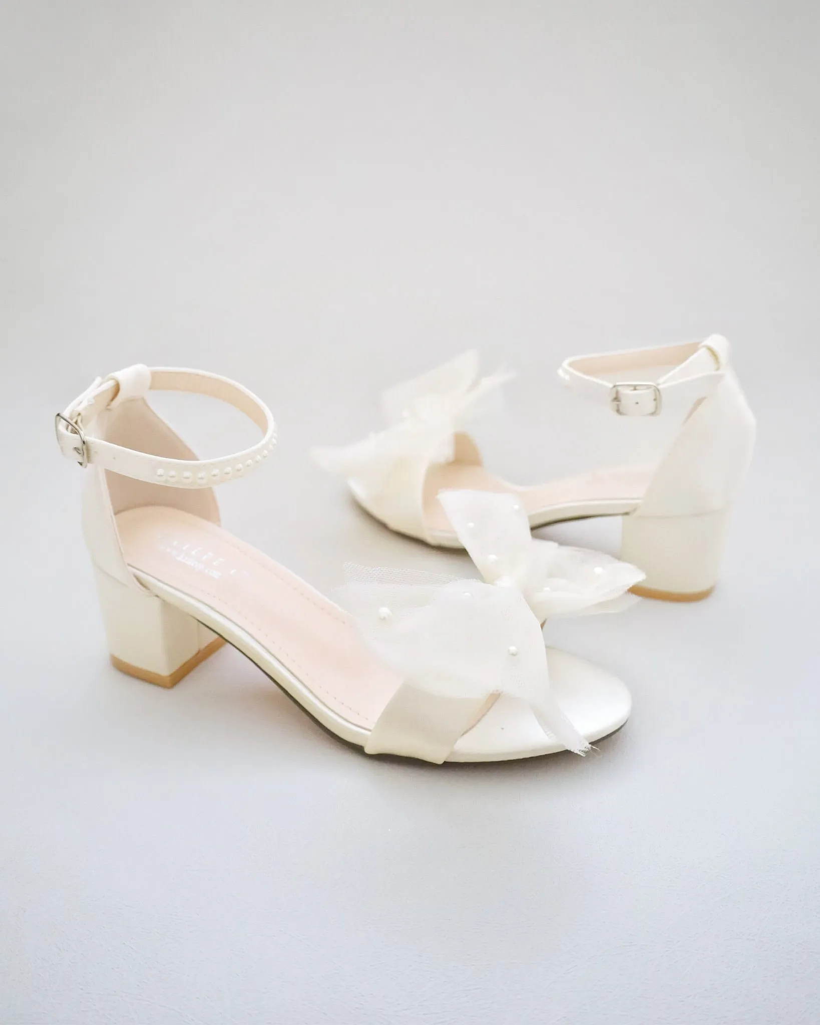 Satin Block Heel Sandal with Front Oversized Tulle Bow and Scattered Pearls