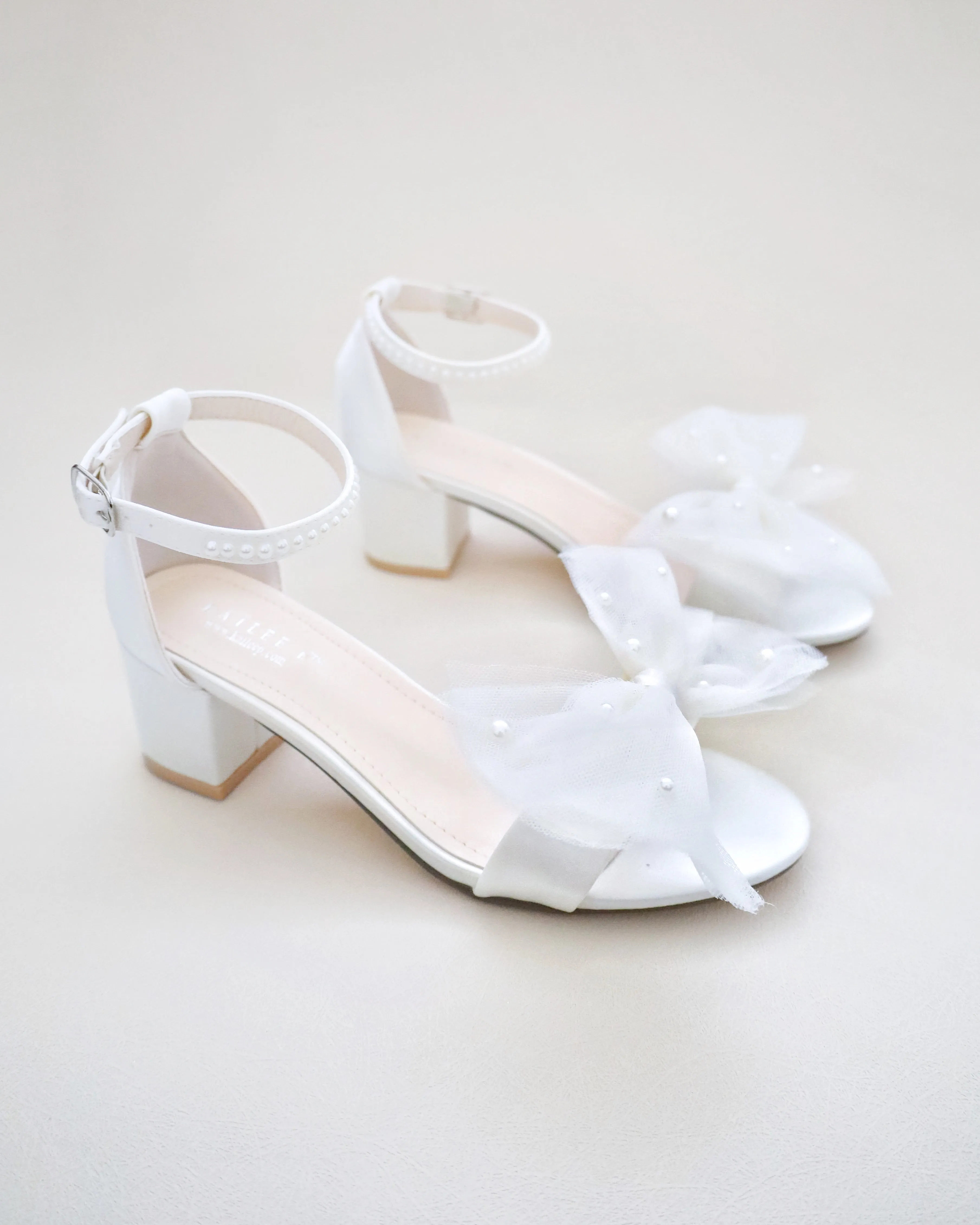 Satin Block Heel Sandal with Front Oversized Tulle Bow and Scattered Pearls