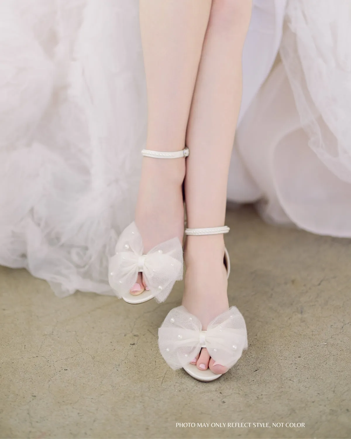 Satin Block Heel Sandal with Front Oversized Tulle Bow and Scattered Pearls