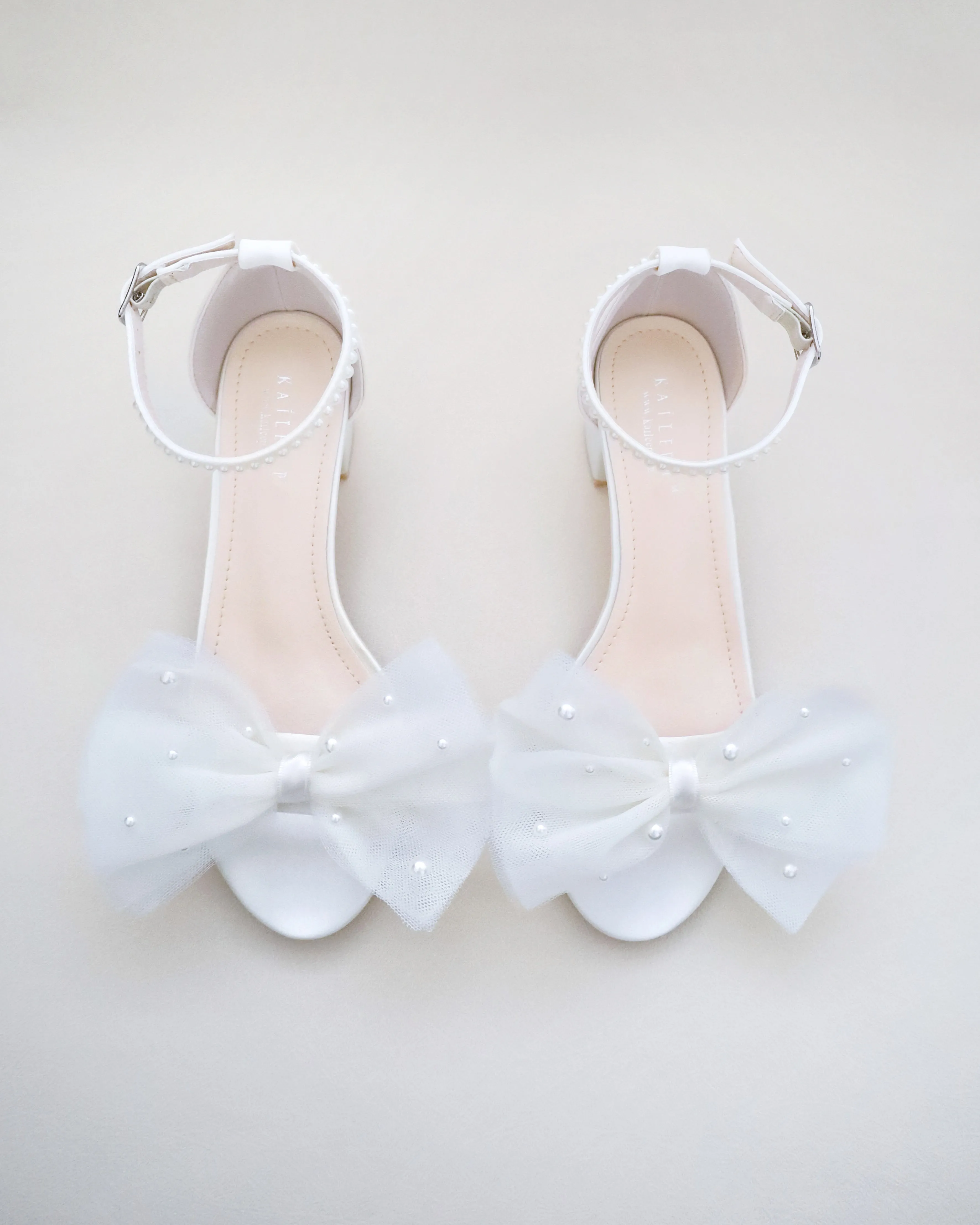 Satin Block Heel Sandal with Front Oversized Tulle Bow and Scattered Pearls