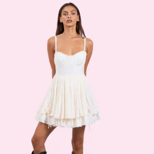 Satin Tie Point Double Layered Ruffle Mini Dress – Elegant & Flirty