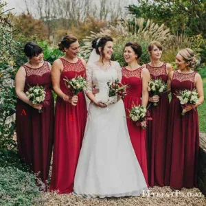 Scoop Burgundy Chiffon A-line Long Cheap Bridesmaid Dresses, BDS0092