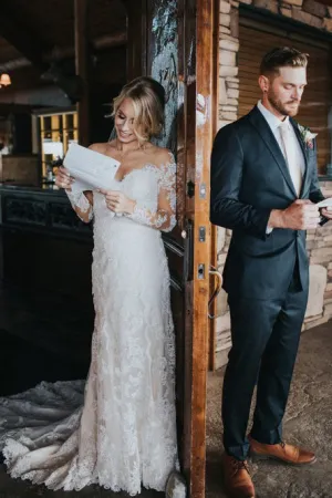 Sheath Off-the-Shoulder Long Sleeves Sweep Train Appliqued Wedding Dress OHD260