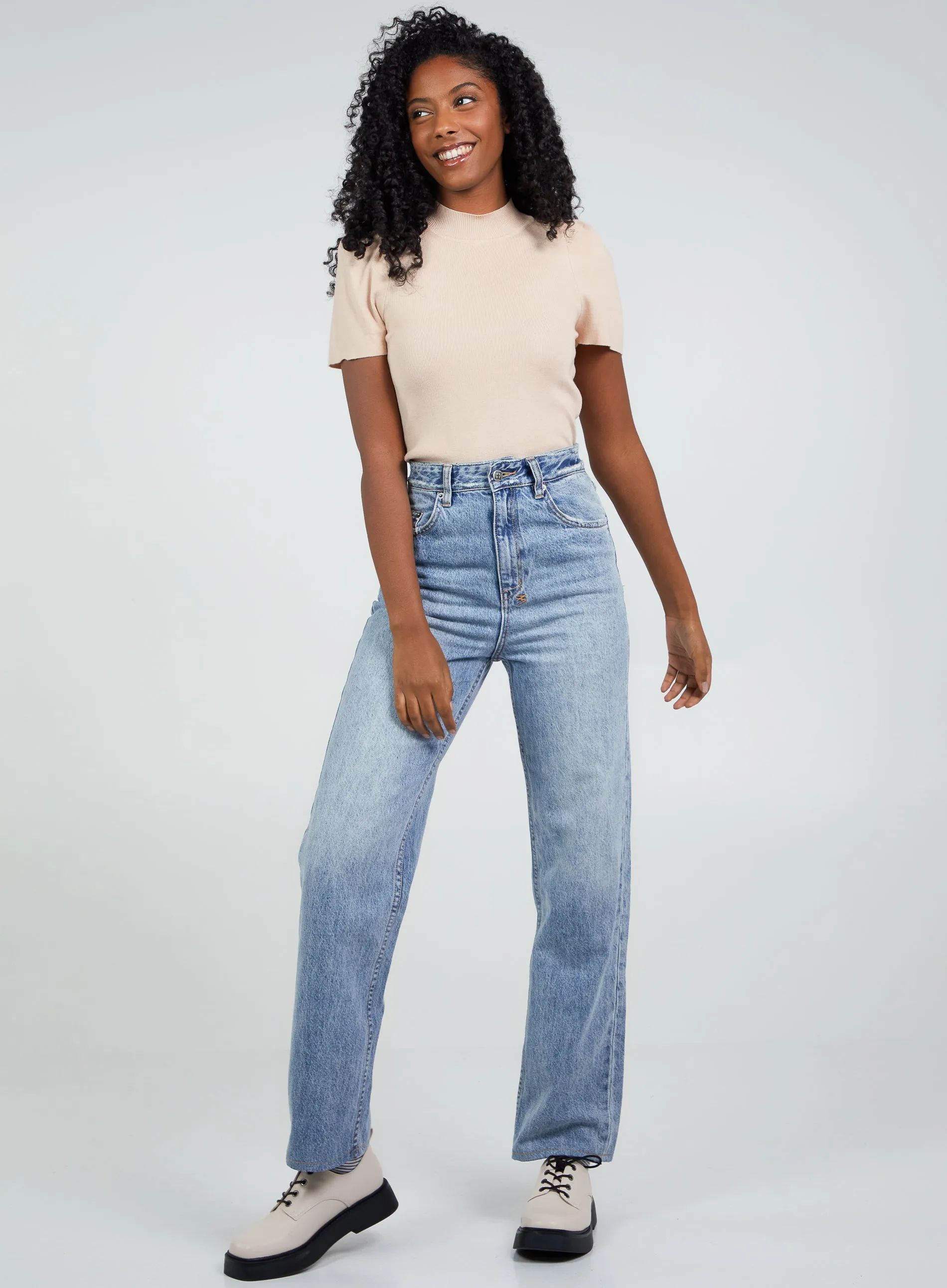 Short Puff Sleeves Rollneck Ribbed Top