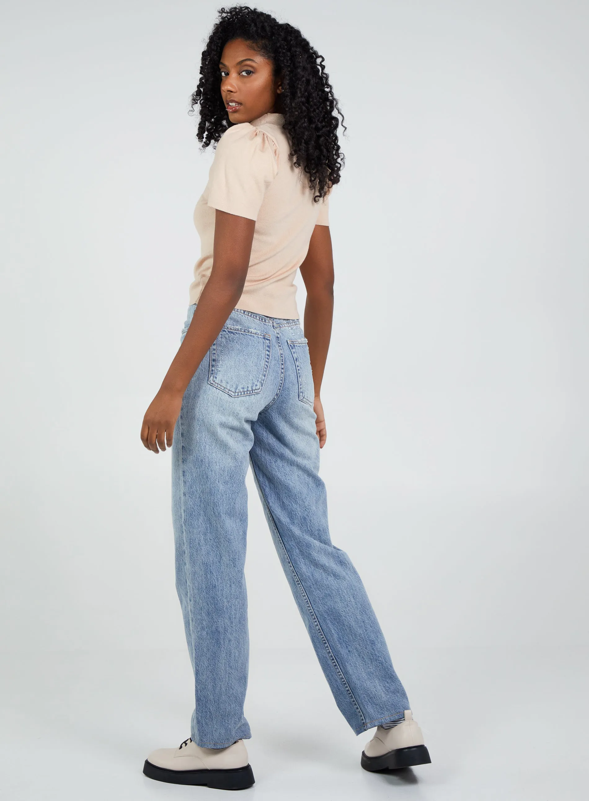 Short Puff Sleeves Rollneck Ribbed Top