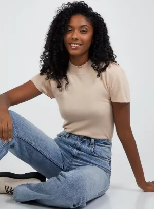 Short Puff Sleeves Rollneck Ribbed Top